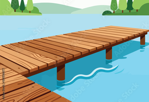 A wooden dock extends over blue water, with a distant treeline and hills in a simple, flat design