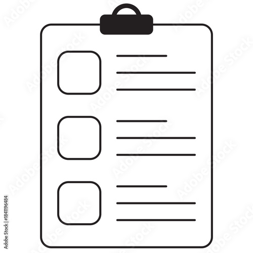 Outline icon of a clipboard with a checklist, featuring three square checkboxes and lines for task management, surveys, or form completion