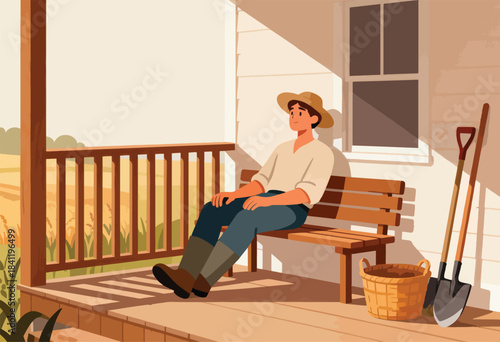 A farmer rests on a porch bench, gazing at a field. Tools & a basket sit beside him