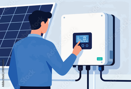 Illustration shows a person interacting with a solar panel inverter, likely for renewable energy