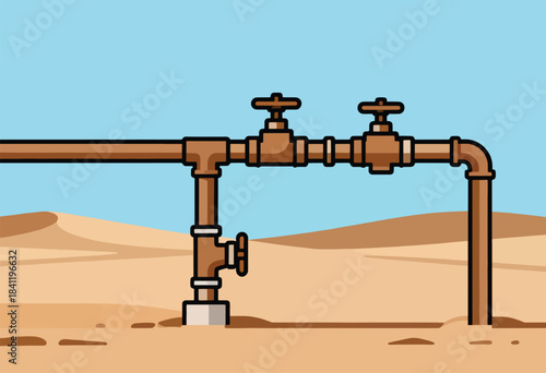 Illustrated pipelines with valves in a desert scene, with a blue sky background