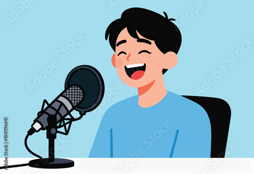An illustration depicts a smiling person with a microphone, ready to speak or record audio on light blue background
