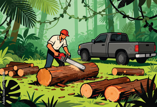 A person cuts wood with a chainsaw in a forest, logs scattered, a truck nearby