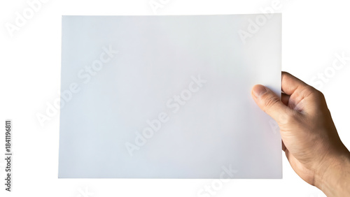Hand holding blank white sheet of paper isolated on white background