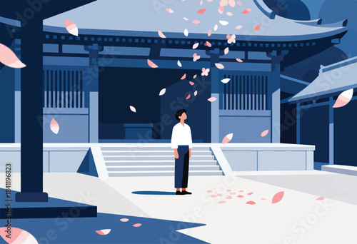 A person gazes up at falling petals in a blue-toned Japanese temple setting
