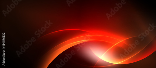 Abstract red light curves radiate from bright center. Smooth gradients create dynamic visual effect. Dark background emphasizes glowing forms.