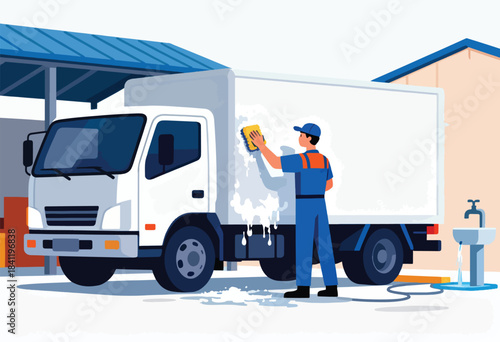 A worker in uniform uses a sponge to wash the side of a white delivery truck