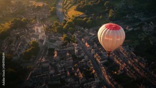 Breathtaking aerial views of a vibrant village with a hot air balloon drifting gracefully. Discover the beauty of landscapes from above. Generative AI