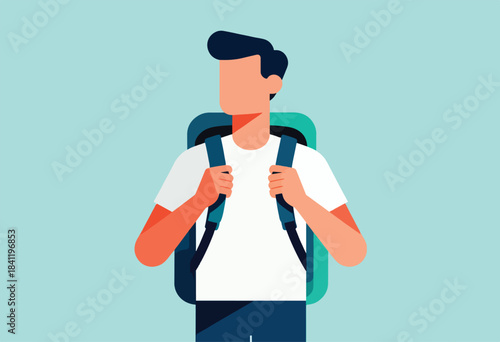 A cartoonish illustration of a person facing away with backpack. Minimalist style, vibrant colors. Light blue background