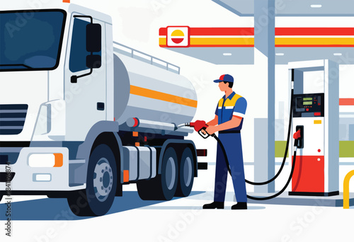 Vector illustration depicts a fuel tanker being refueled at a gas station by an attendant