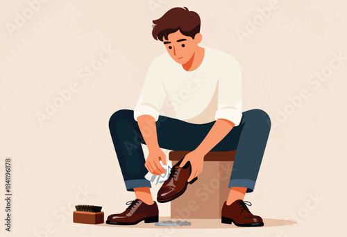 A man seated, cleaning a dress shoe with a cloth, another shoe and brush nearby. Light background