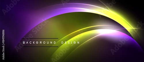 Abstract background features vibrant purple, yellow gradients. Smooth curves create dynamic, modern visual effect. Text reads background design.