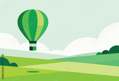 A whimsical green hot air balloon floats above stylized layered green hills and clouds under a pale sky