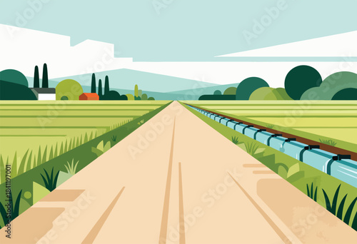 A stylized illustration presents a perspective view of a road leading through farmland, with a water pipe alongside