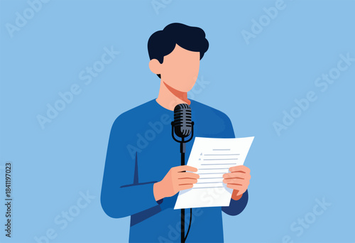 An illustrated person with dark hair, a blue shirt, and a microphone reads a paper on a light blue background