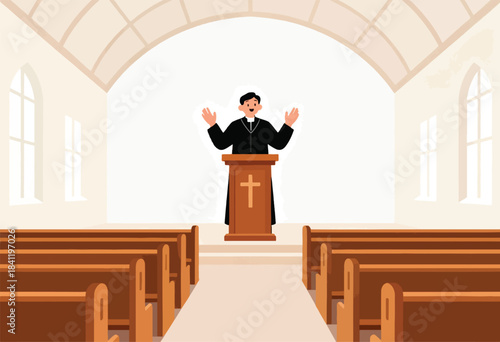 Cartoon illustration of a church interior with a priest preaching from a pulpit, and rows of pews