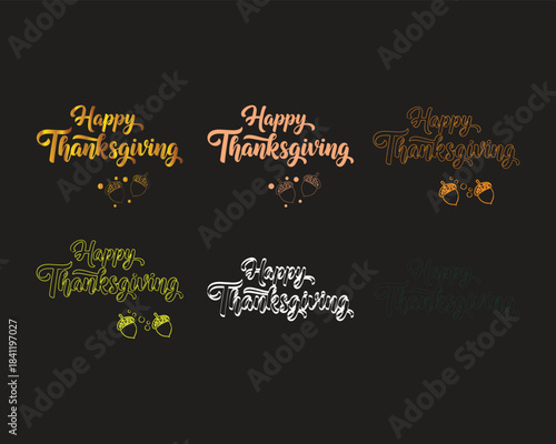 Set of happy thanksgiving typographic designs in various colors and styles, perfect for holiday greetings and celebrations