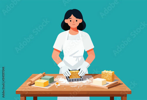 A person in a white apron and gloves crafts soap on a wooden table with various ingredients