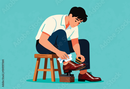 A person in a white shirt and navy pants is polishing a brown shoe while sitting on a stool