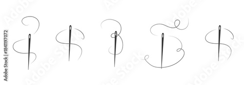 Elegant needle with thread. Needle symbol and curved thread, tailor and shoemaker needlework tool, sewing element. Small tattoo, print for clothes