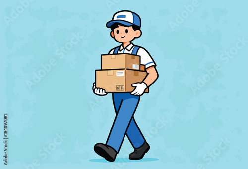 An illustrated delivery person in uniform carries two cardboard boxes. He walks forward on a light blue textured background