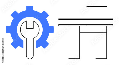 Engineering, industrial development, mechanical tools, innovation, construction, repair. A gear with a wrench icon and structural design lines. Engineering and industrial development in technical