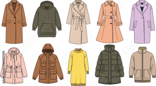Outerwear illustration set, coats and jackets, fashion styles, seasonal clothing, vector artwork, wardrobe design, white background