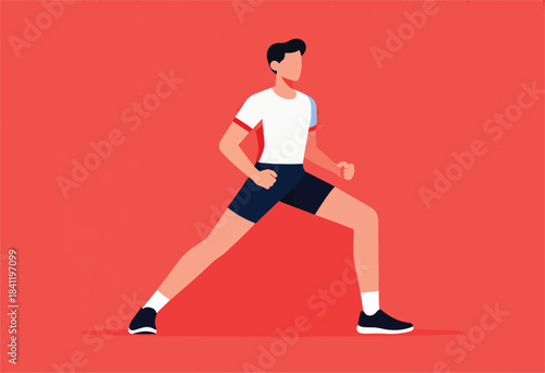 A vector illustration depicts a person stretching with one leg forward against a red background