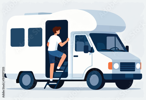 A man boards a white, stylized RV with a blue-gray front. Its design is clean and simple