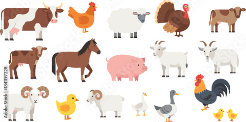 Colorful vector illustration set featuring various farm animals including cows, chickens, sheep, goats, horses, pigs, ducks, geese, and turkeys for agricultural designs