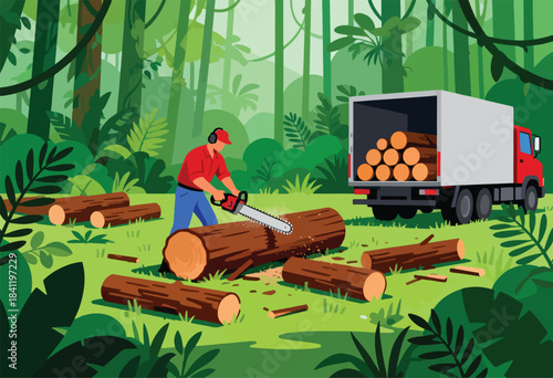A lumberjack cuts a log with a chainsaw in a forest, while a truck awaits loading