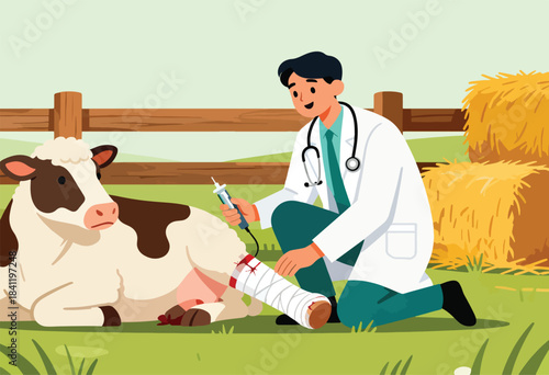 A veterinarian treats a cow with a bandaged leg, injecting medicine, in a field, with hay bales
