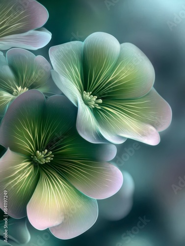 Floral Elegance: The image showcases the delicate beauty of soft, translucent flowers in shades of green and white, their graceful petals radiating from the center.