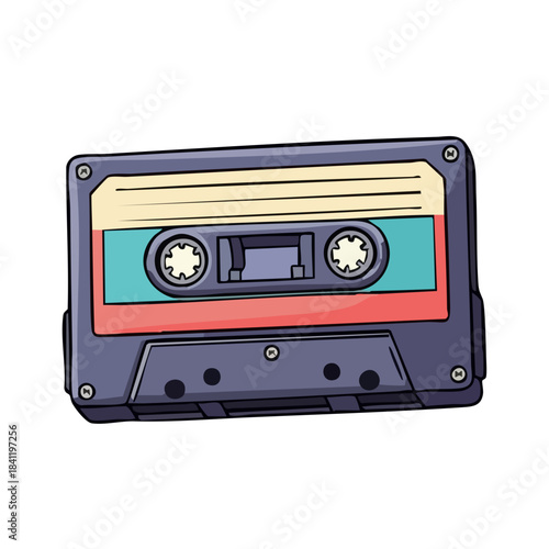 Retro Cassette Tape Illustration with Colorful Design and Vintage Aesthetic.