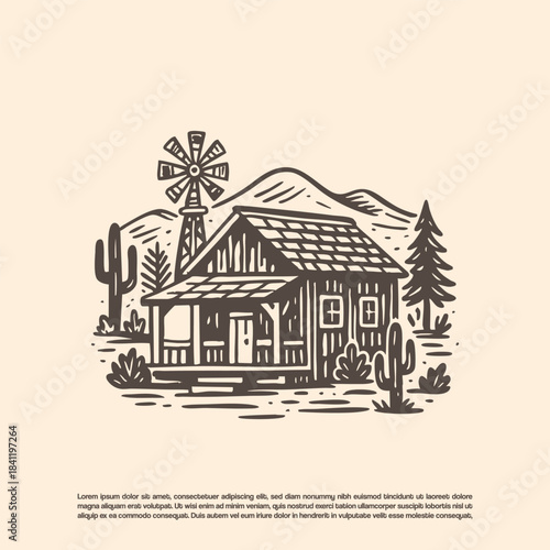 Hand drawn wooden house with windmill and mountain in the background