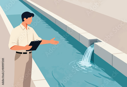 A man in a light shirt holds a clipboard, gesturing towards a concrete waterway with water flowing out