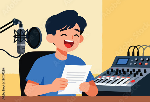 A smiling person in a recording studio, reading from a script, near a microphone and mixing console