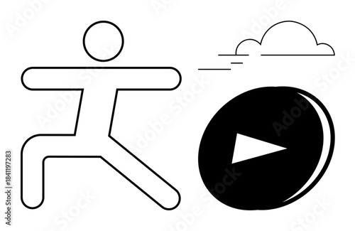 Fitness, motion, digital media, wellness, activity, motivation. Stick figure performing a stretching pose near a play button symbol and clouds. Fitness and motion concepts for active lifestyles