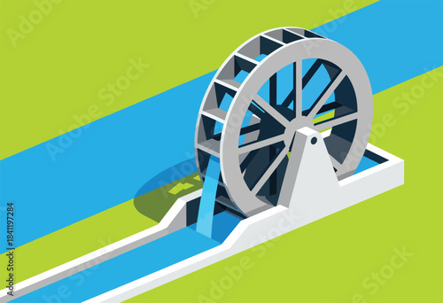 Illustration depicting a waterwheel with a blue stream flowing through it, generating power. Clean design