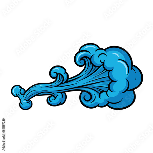 Stylized Blue Wind Gust Illustration with Swirling Clouds and Dynamic Lines.