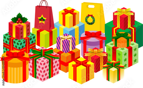 Colorful assortment of festive gift boxes with bows, perfect for celebrations and special occasions