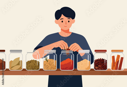 An illustration of a person arranging spices in jars on a shelf. The scene is warmly lit