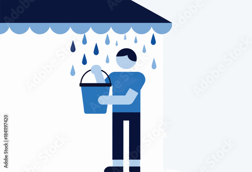 A simplistic illustration depicts a figure collecting water from falling rain with a bucket. Drops fall