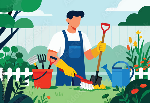 A person, faceless, gardened with tools, surrounded by green plants, a blue watering can, and a white fence