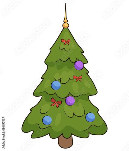 Festive green christmas tree with ornaments and bows