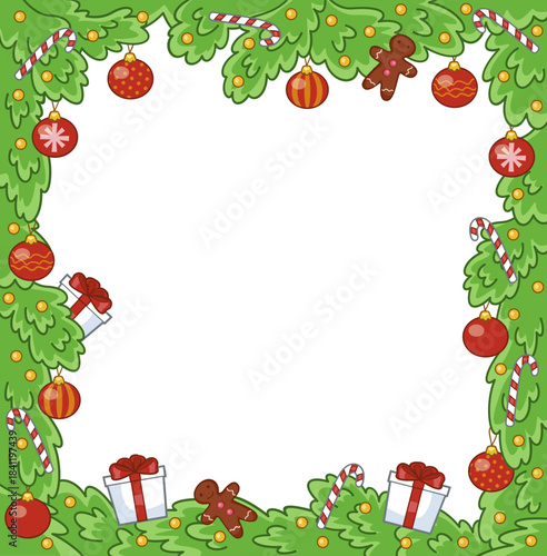 Festive christmas border frame with traditional ornaments, gingerbread and gifts
