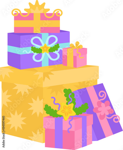 A vibrant stack of beautifully wrapped presents ready for a celebration or special occasion