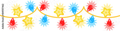 A vibrant string of festive lights in star and teardrop shapes, perfect for celebration