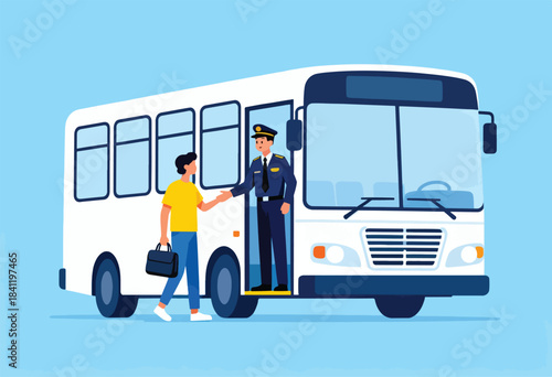 An illustration shows a bus with a driver offering a welcoming hand to a passenger. Both are outlined in a simple, graphic style