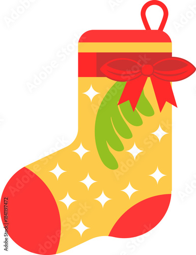 Festive yellow christmas stocking with red bow and star pattern ready for holiday gifts